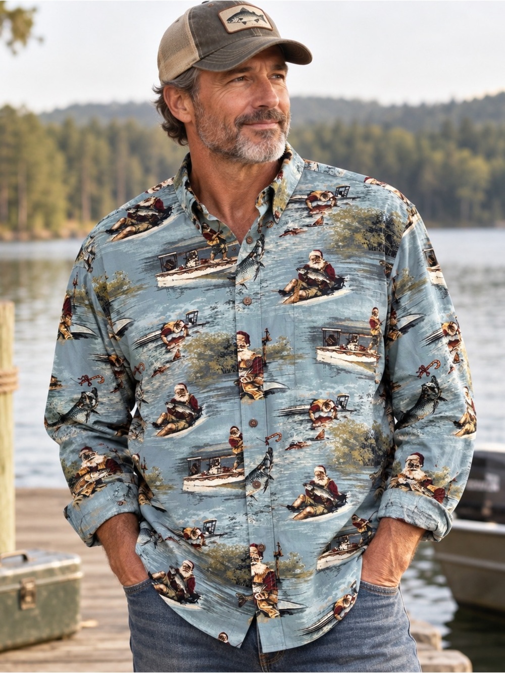 Clearwater Outfitters XXL Fishing Shirt Mens Novelty Fish Boat Print Cotton